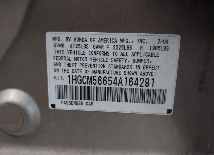 Photo 9 of 2004 Honda Accord 2.4 EX (VIN 1HGCM56654A164291)