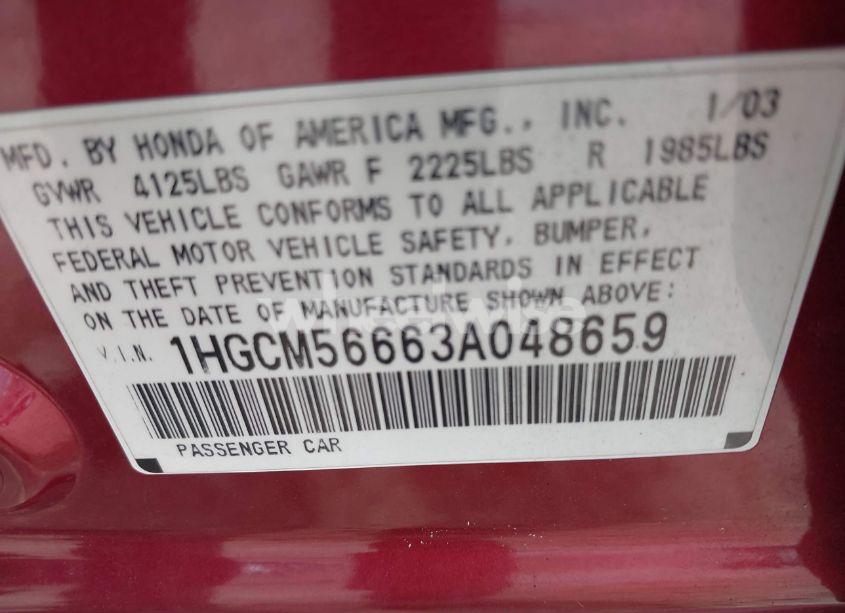 Photo 9 of 2003 Honda Accord 2.4 EX (VIN 1HGCM56663A048659)