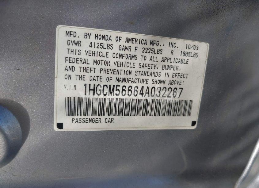 Photo 9 of 2004 Honda Accord 2.4 EX (VIN 1HGCM56664A032267)