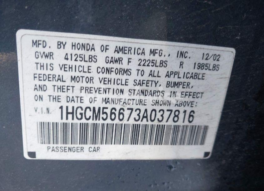 Photo 9 of 2003 Honda Accord 2.4 EX (VIN 1HGCM56673A037816)