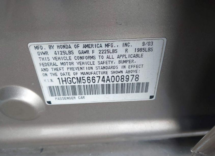 Photo 9 of 2004 Honda Accord 2.4 EX (VIN 1HGCM56674A008978)