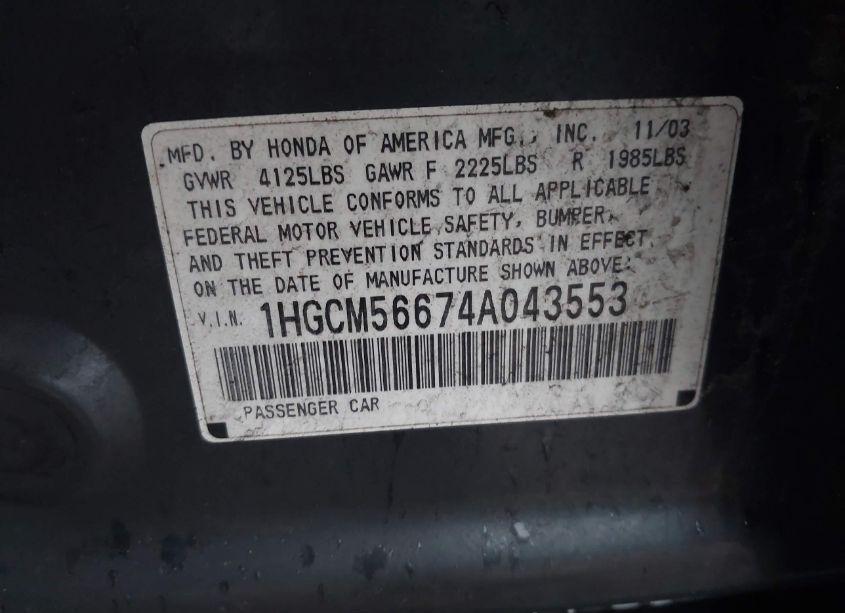 Photo 9 of 2004 Honda Accord 2.4 EX (VIN 1HGCM56674A043553)
