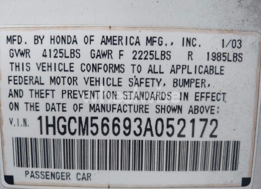 Photo 9 of 2003 Honda Accord 2.4 EX (VIN 1HGCM56693A052172)