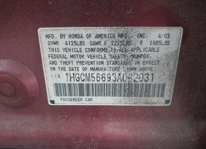 Photo 9 of 2003 Honda Accord 2.4 EX (VIN 1HGCM56693A082031)