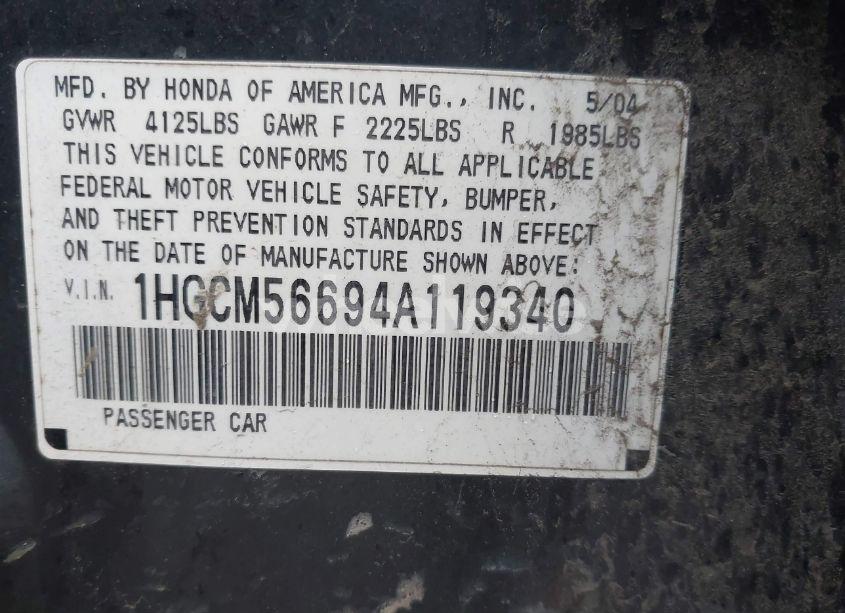 Photo 9 of 2004 Honda Accord 2.4 EX (VIN 1HGCM56694A119340)