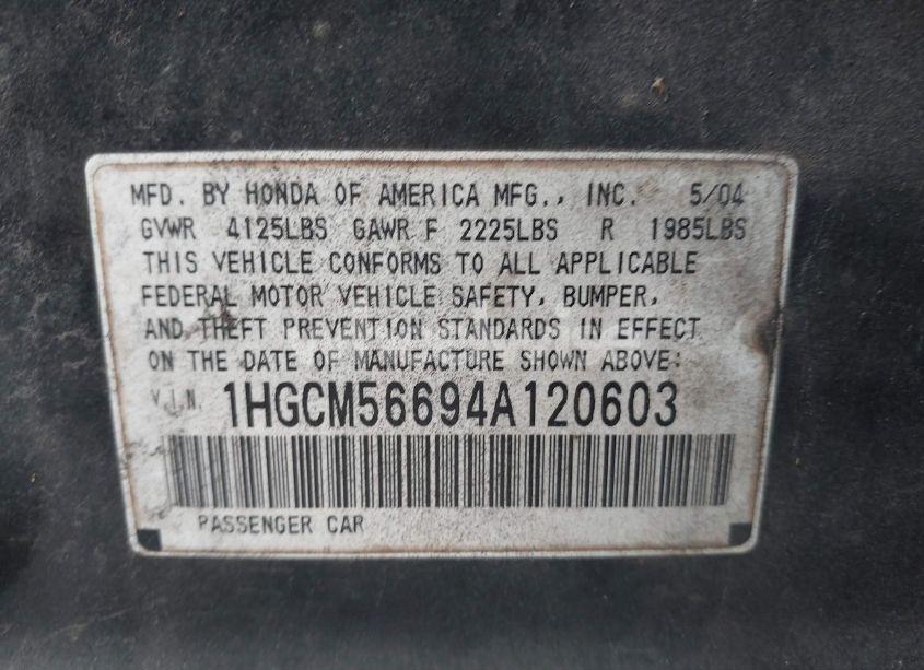 Photo 9 of 2004 Honda Accord 2.4 EX (VIN 1HGCM56694A120603)