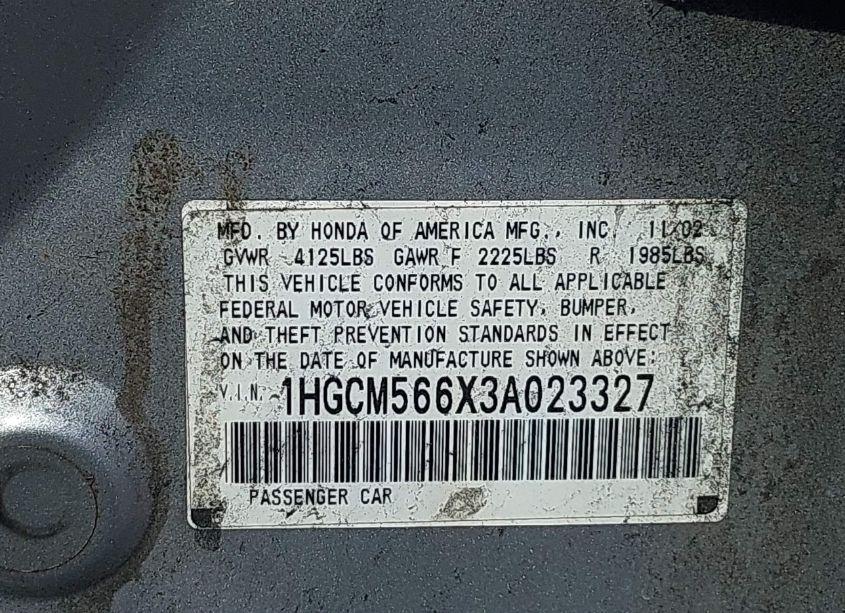 Photo 9 of 2003 Honda Accord 2.4 EX (VIN 1HGCM566X3A023327)