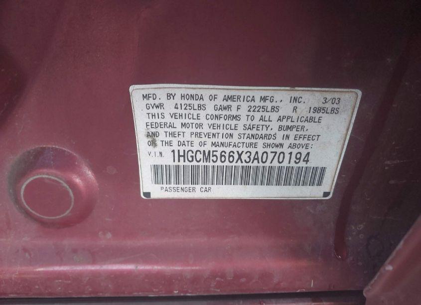 Photo 9 of 2003 Honda Accord 2.4 EX (VIN 1HGCM566X3A070194)