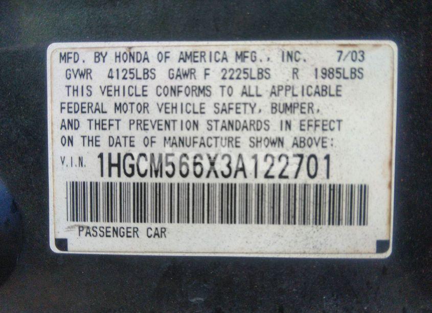 Photo 9 of 2003 Honda Accord 2.4 EX (VIN 1HGCM566X3A122701)