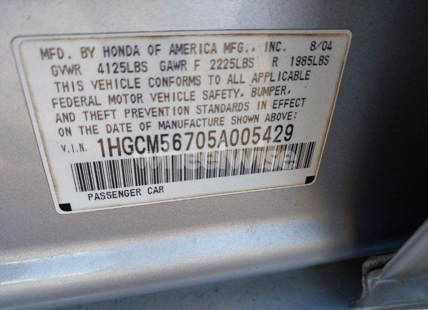 Photo 9 of 2005 Honda Accord 2.4 EX (VIN 1HGCM56705A005429)