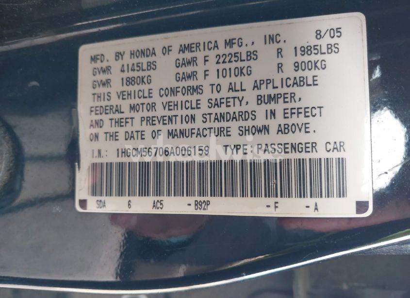 Photo 9 of 2006 Honda Accord 2.4 EX (VIN 1HGCM56706A006159)