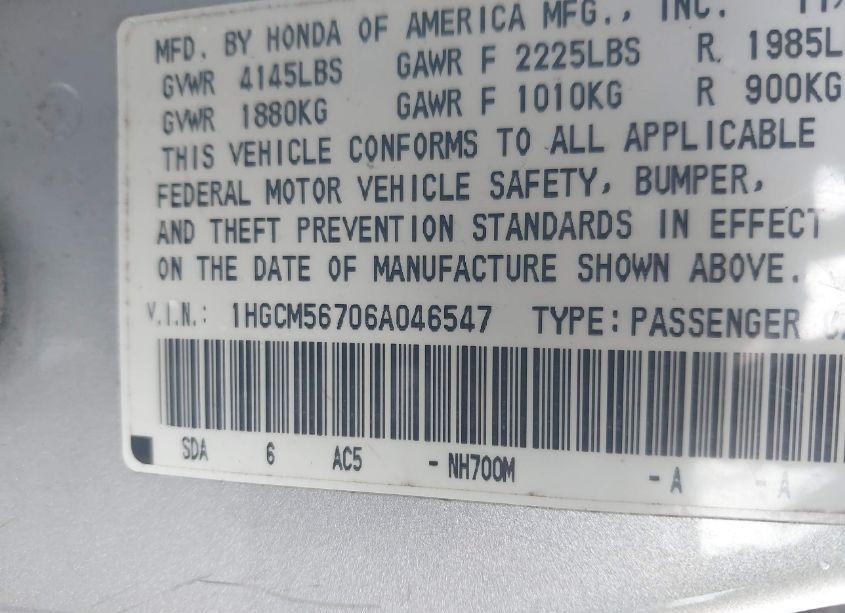 Photo 9 of 2006 Honda Accord 2.4 EX (VIN 1HGCM56706A046547)