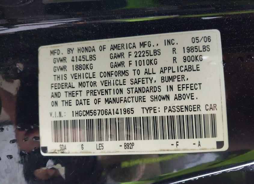 Photo 9 of 2006 Honda Accord 2.4 EX (VIN 1HGCM56706A141965)