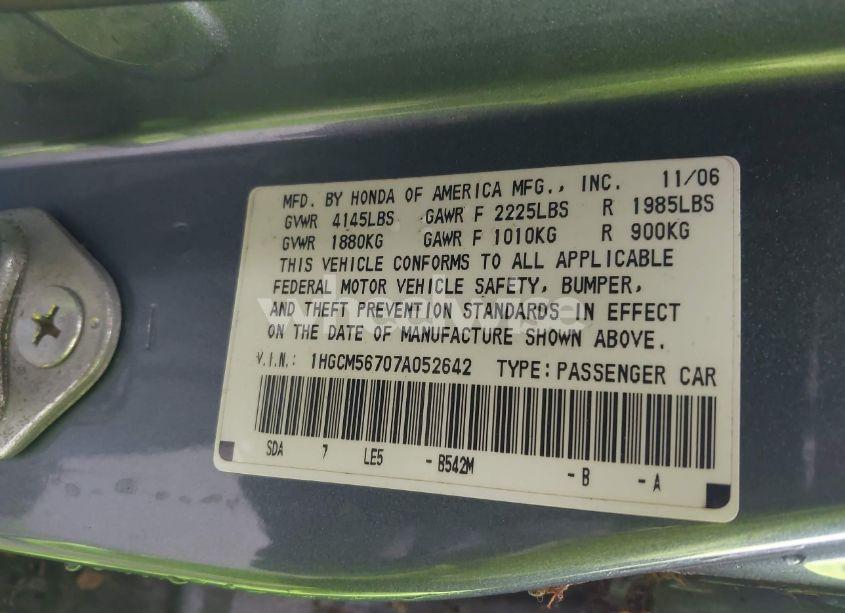 Photo 9 of 2007 Honda Accord 2.4 EX (VIN 1HGCM56707A052642)