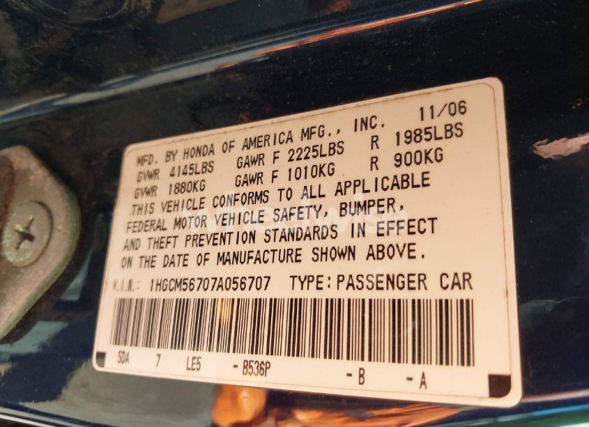 Photo 9 of 2007 Honda Accord 2.4 EX (VIN 1HGCM56707A056707)