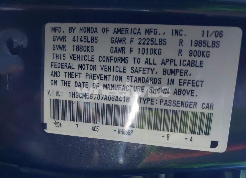 Photo 9 of 2007 Honda Accord 2.4 EX (VIN 1HGCM56707A064418)