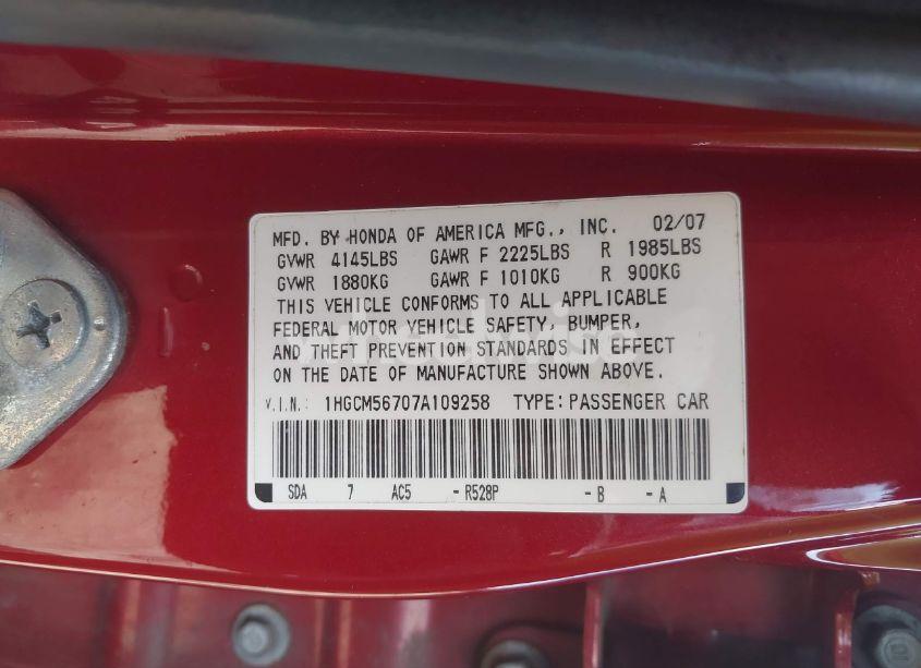Photo 9 of 2007 Honda Accord 2.4 EX (VIN 1HGCM56707A109258)