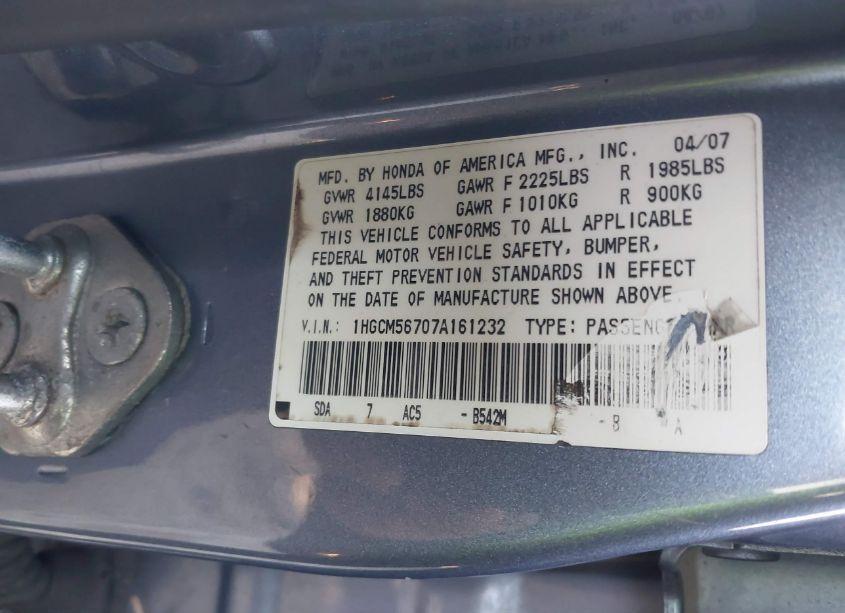 Photo 9 of 2007 Honda Accord 2.4 EX (VIN 1HGCM56707A161232)