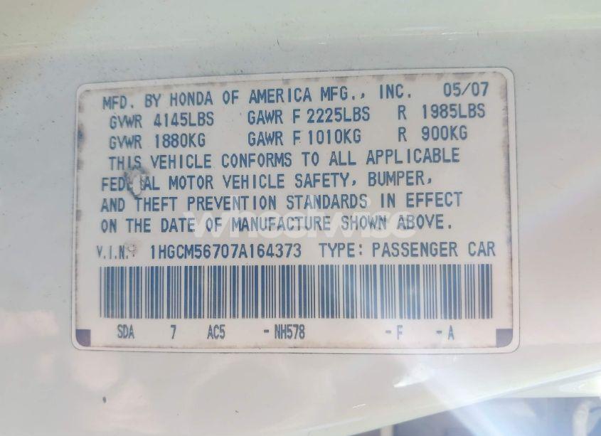 Photo 9 of 2007 Honda Accord 2.4 EX (VIN 1HGCM56707A164373)