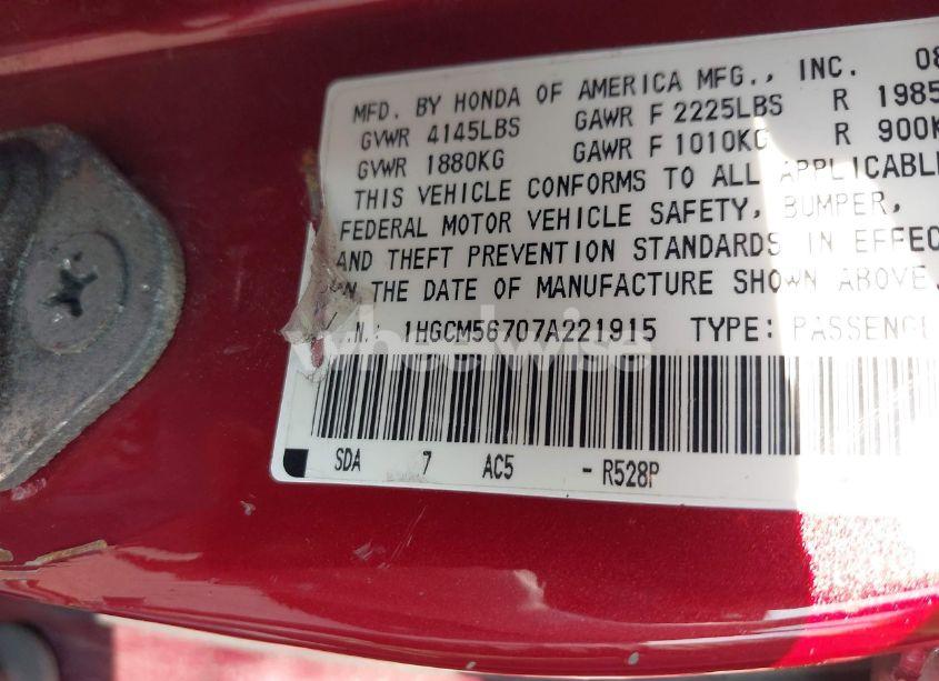 Photo 9 of 2007 Honda Accord 2.4 EX (VIN 1HGCM56707A221915)