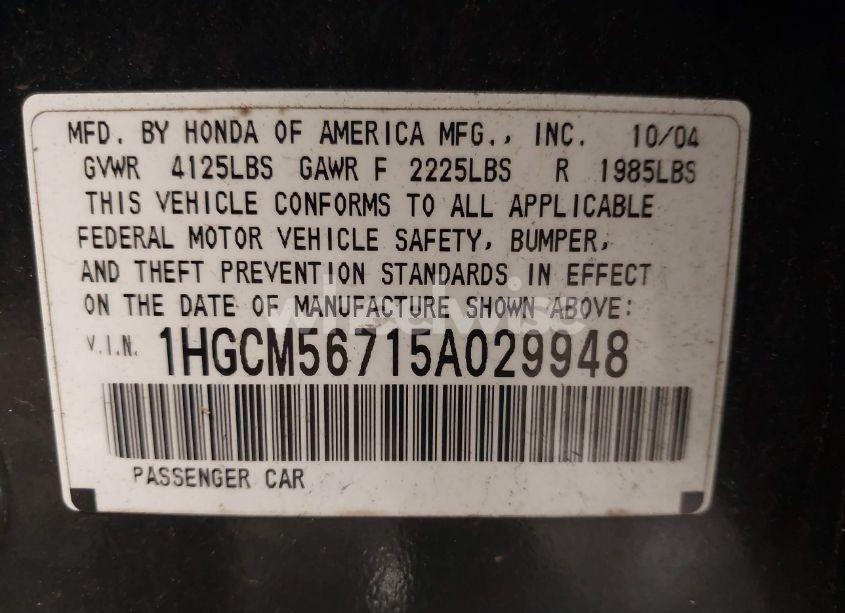 Photo 9 of 2005 Honda Accord 2.4 EX (VIN 1HGCM56715A029948)