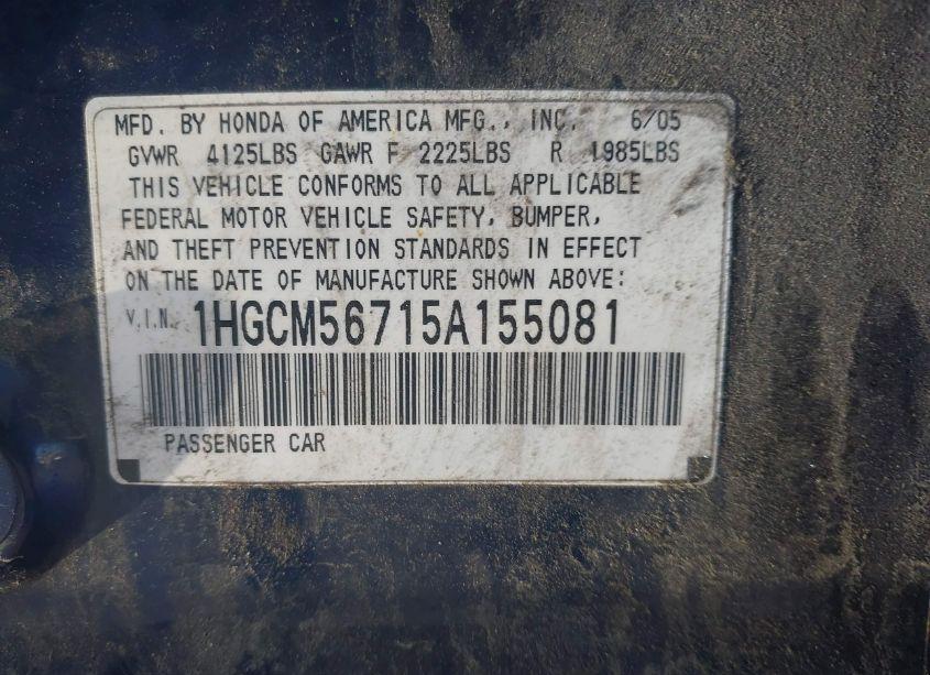 Photo 9 of 2005 Honda Accord 2.4 EX (VIN 1HGCM56715A155081)