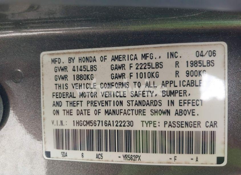Photo 9 of 2006 Honda Accord 2.4 EX (VIN 1HGCM56716A122230)