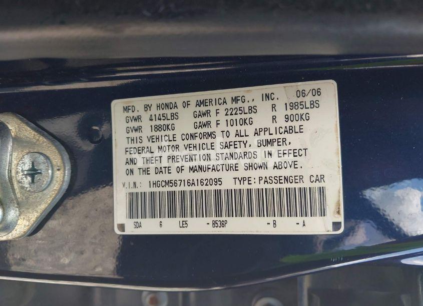 Photo 9 of 2006 Honda Accord 2.4 EX (VIN 1HGCM56716A162095)
