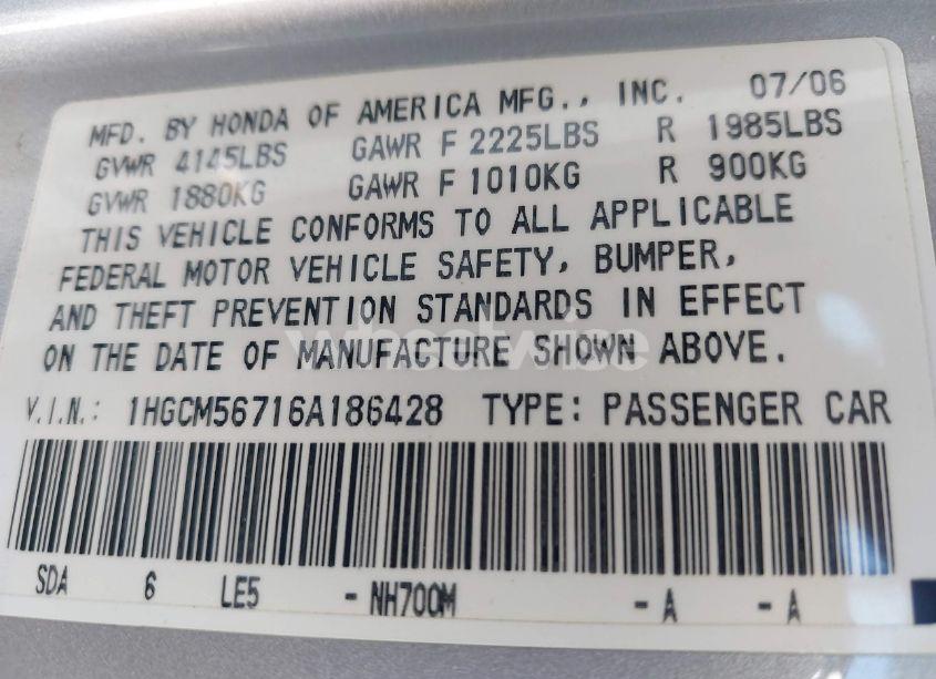 Photo 9 of 2006 Honda Accord 2.4 EX (VIN 1HGCM56716A186428)