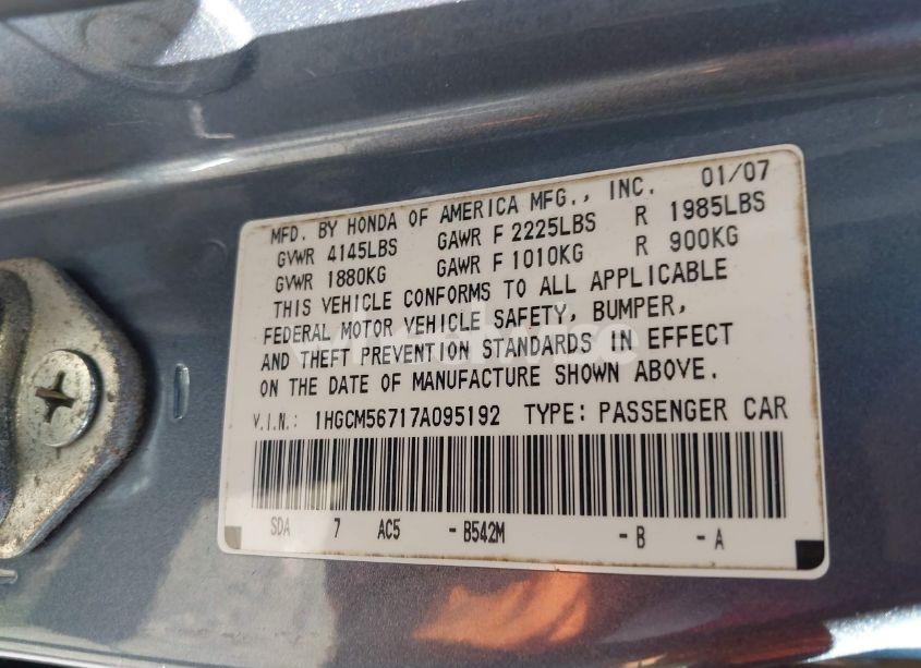 Photo 9 of 2007 Honda Accord 2.4 EX (VIN 1HGCM56717A095192)