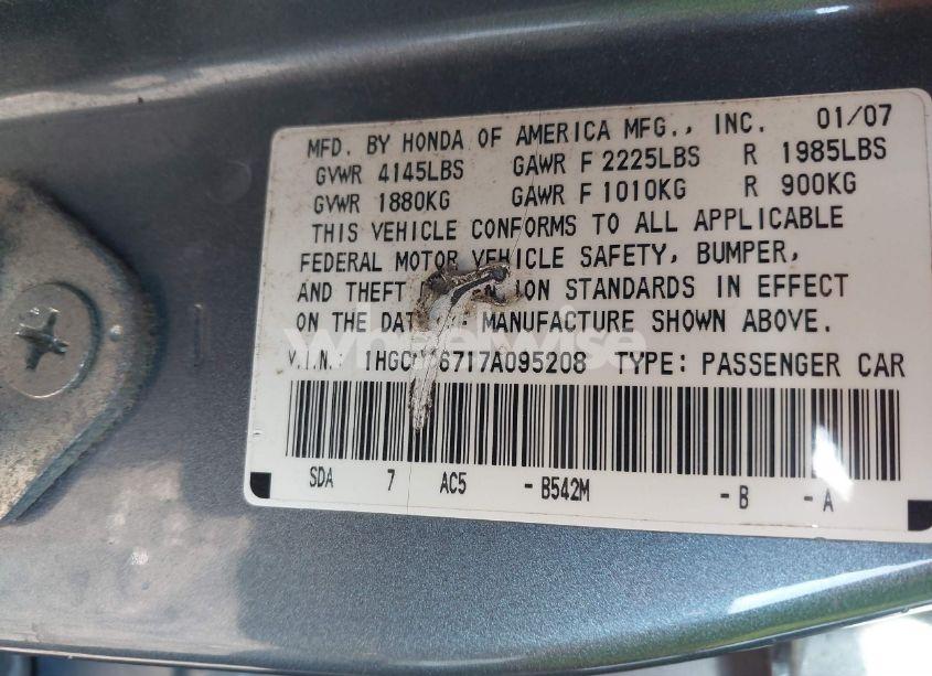 Photo 9 of 2007 Honda Accord 2.4 EX (VIN 1HGCM56717A095208)