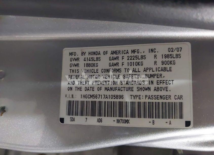 Photo 9 of 2007 Honda Accord 2.4 EX (VIN 1HGCM56717A105896)