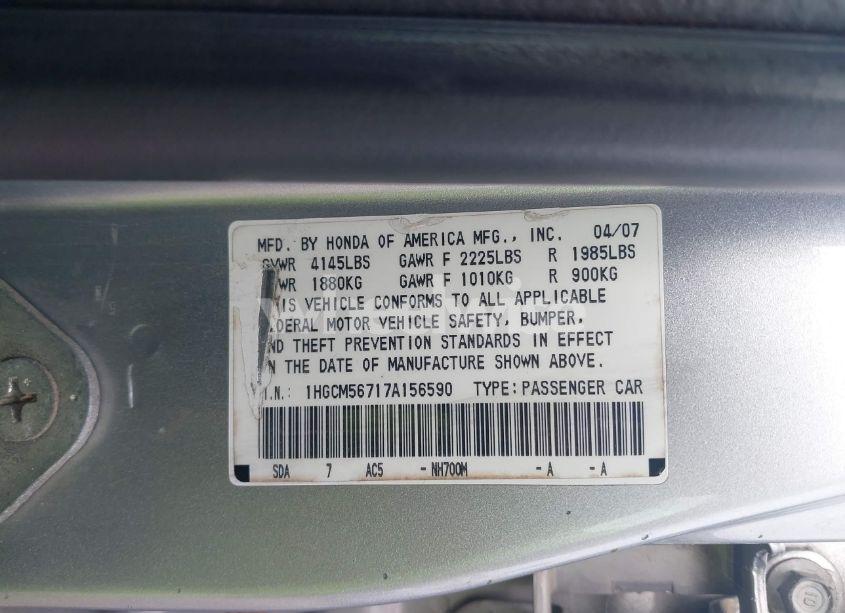 Photo 9 of 2007 Honda Accord 2.4 EX (VIN 1HGCM56717A156590)