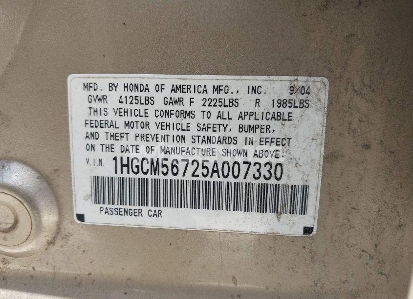 Photo 9 of 2005 Honda Accord 2.4 EX (VIN 1HGCM56725A007330)