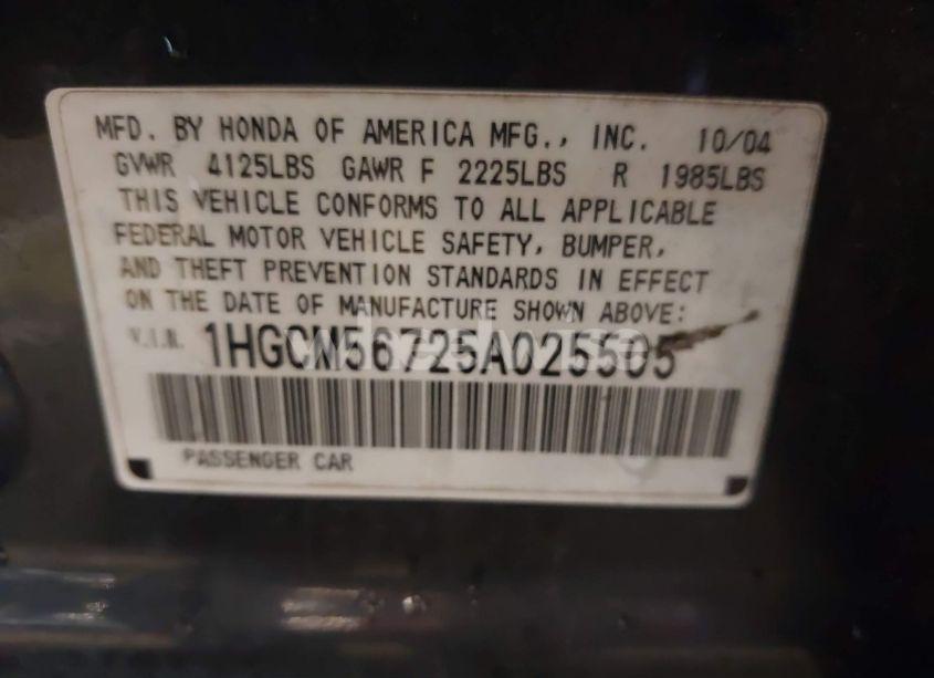 Photo 9 of 2005 Honda Accord 2.4 EX (VIN 1HGCM56725A025505)