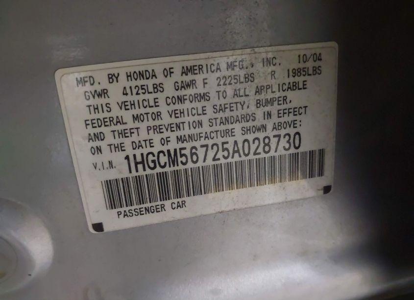 Photo 9 of 2005 Honda Accord 2.4 EX (VIN 1HGCM56725A028730)