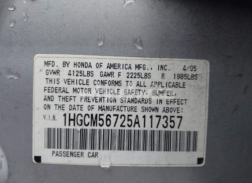 Photo 9 of 2005 Honda Accord 2.4 EX (VIN 1HGCM56725A117357)