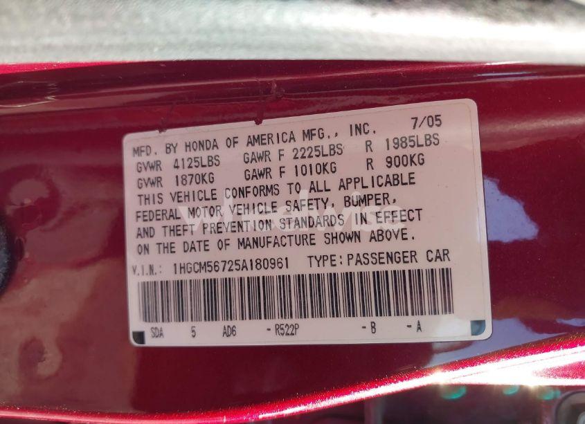 Photo 9 of 2005 Honda Accord 2.4 EX (VIN 1HGCM56725A180961)