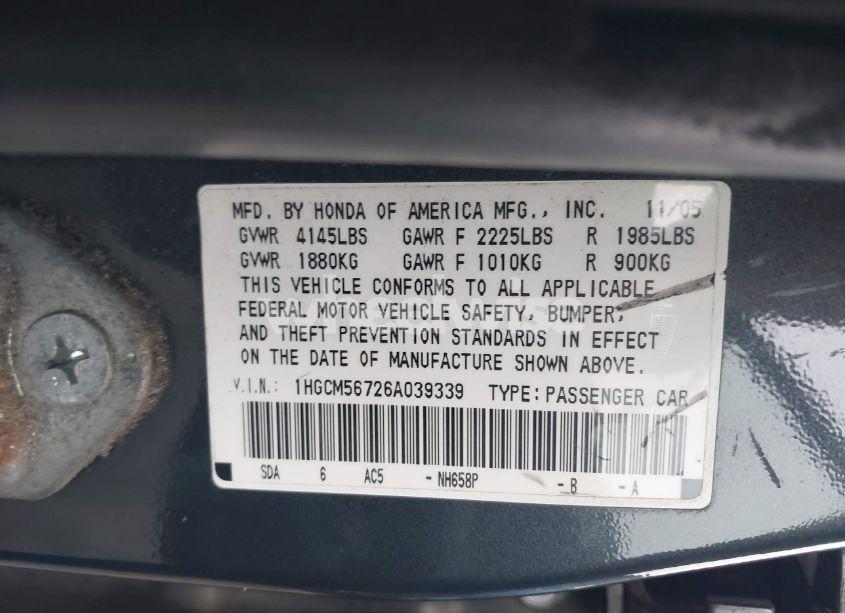 Photo 9 of 2006 Honda Accord 2.4 EX (VIN 1HGCM56726A039339)