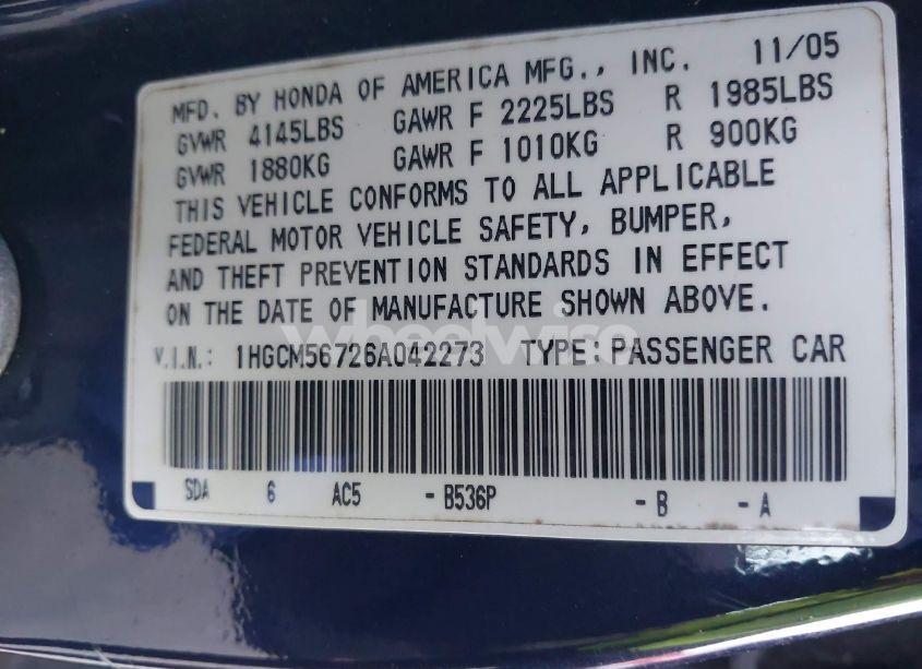Photo 9 of 2006 Honda Accord 2.4 EX (VIN 1HGCM56726A042273)