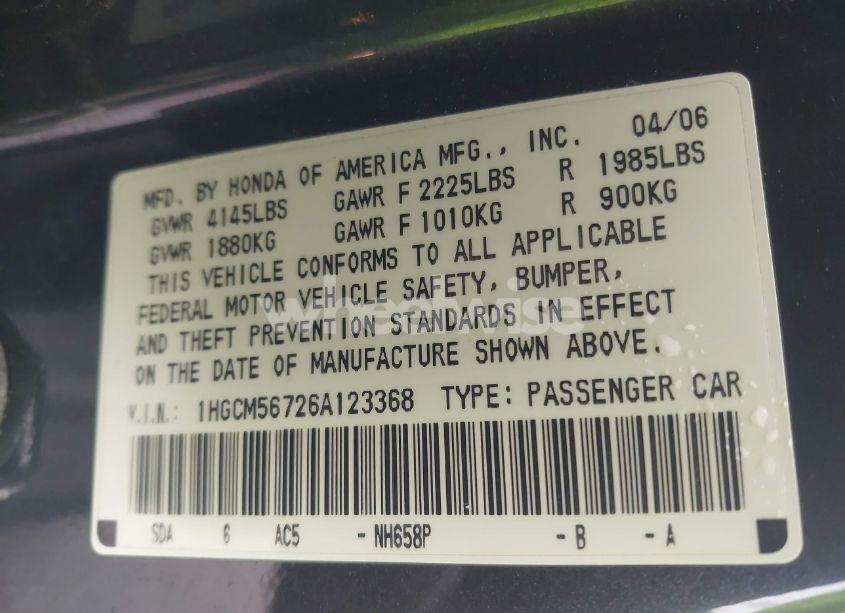 Photo 9 of 2006 Honda Accord 2.4 EX (VIN 1HGCM56726A123368)