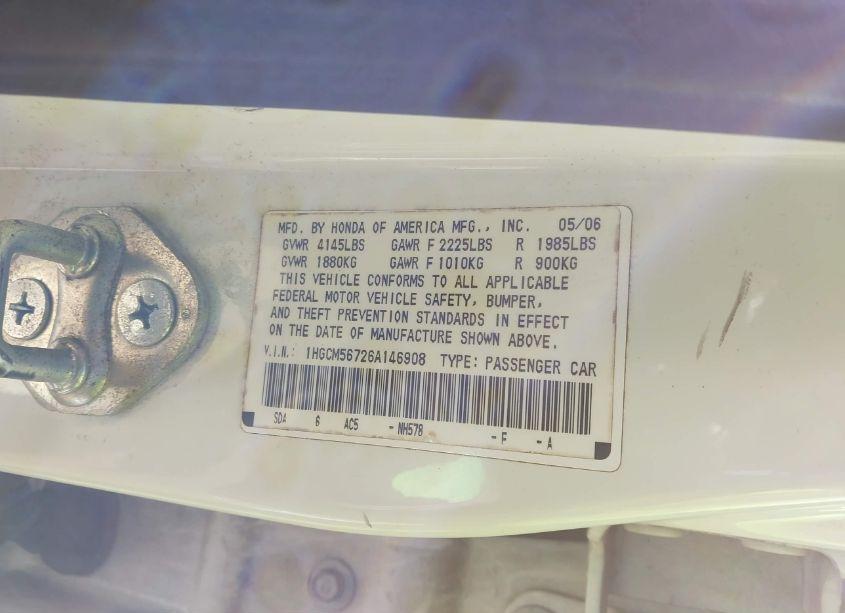 Photo 9 of 2006 Honda Accord 2.4 EX (VIN 1HGCM56726A146908)