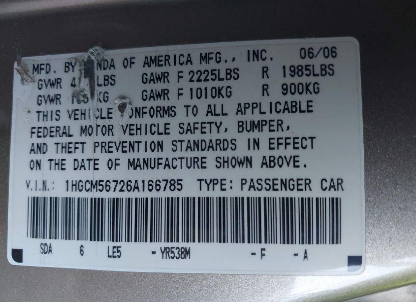 Photo 9 of 2006 Honda Accord 2.4 EX (VIN 1HGCM56726A166785)