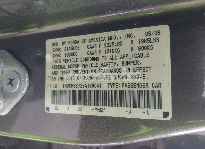 Photo 9 of 2006 Honda Accord 2.4 EX (VIN 1HGCM56726A169041)