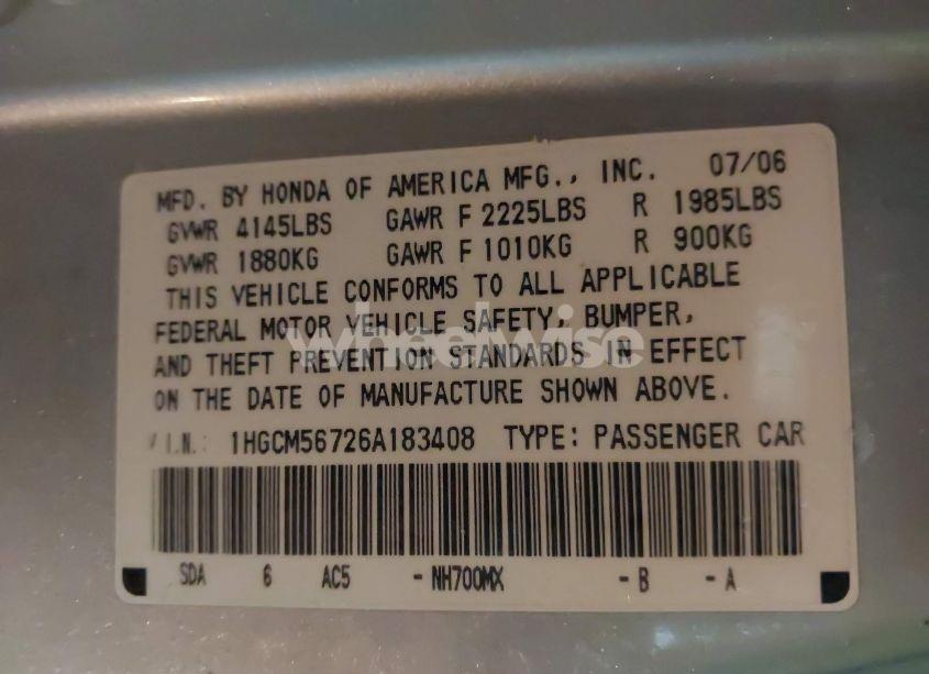 Photo 9 of 2006 Honda Accord 2.4 EX (VIN 1HGCM56726A183408)