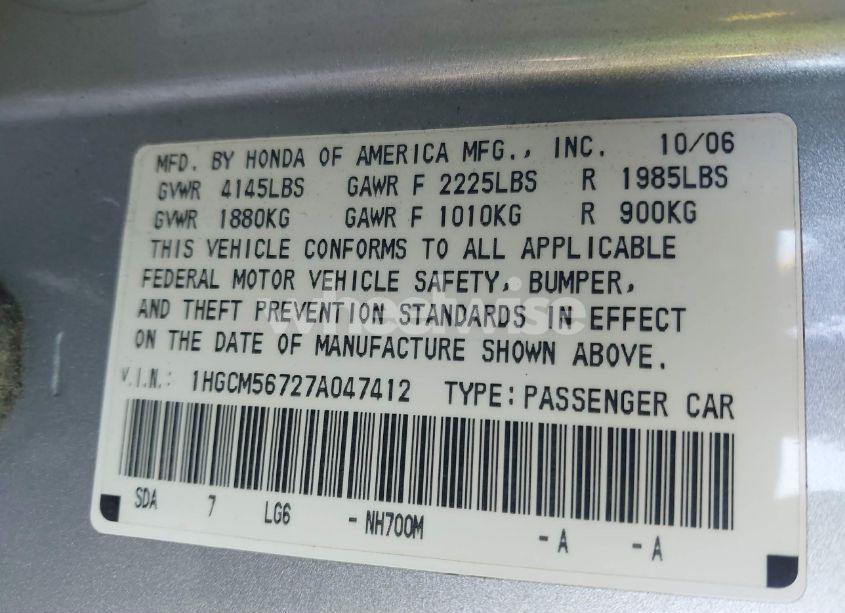 Photo 9 of 2007 Honda Accord 2.4 EX (VIN 1HGCM56727A047412)