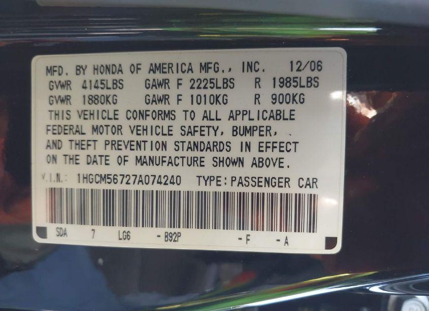 Photo 9 of 2007 Honda Accord 2.4 EX (VIN 1HGCM56727A074240)
