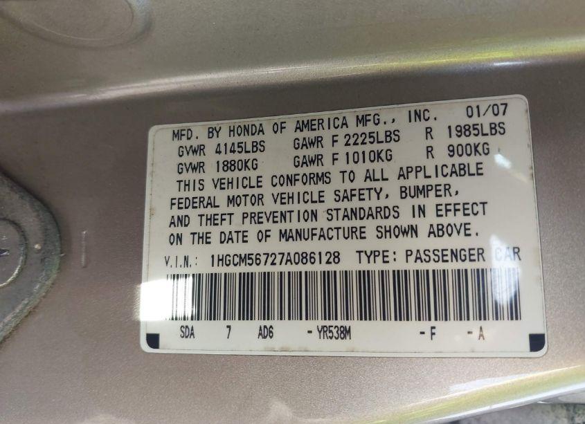 Photo 9 of 2007 Honda Accord 2.4 EX (VIN 1HGCM56727A086128)