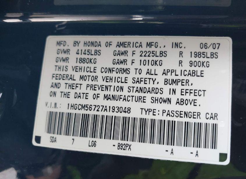 Photo 9 of 2007 Honda Accord 2.4 EX (VIN 1HGCM56727A193048)