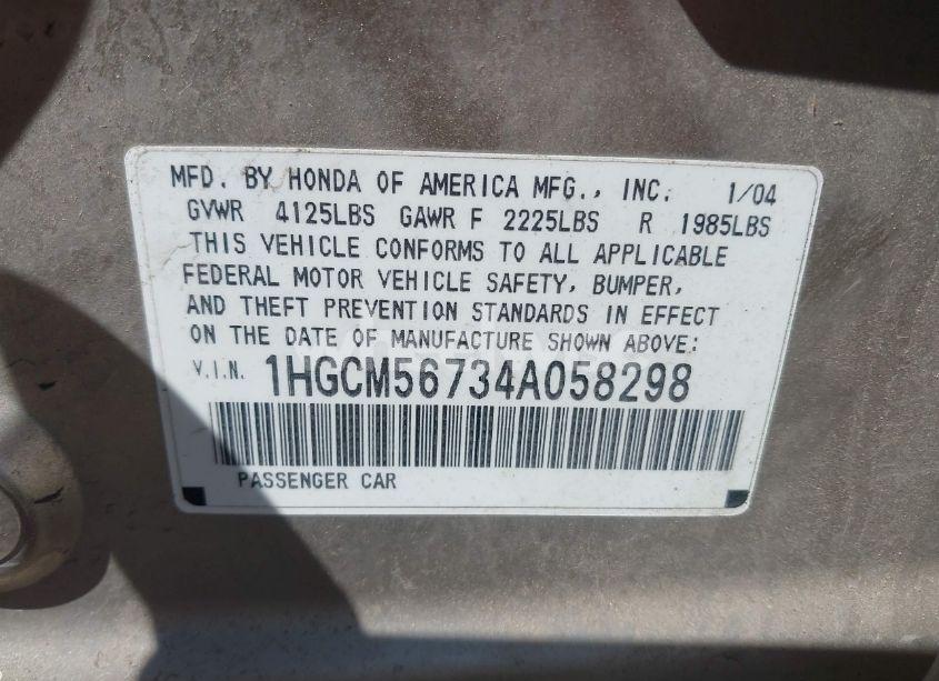 Photo 9 of 2004 Honda Accord 2.4 EX (VIN 1HGCM56734A058298)